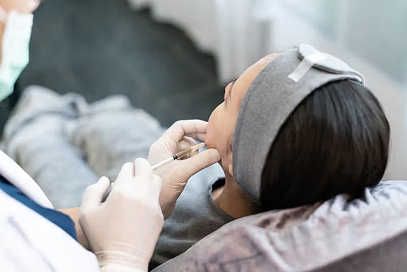 Patient receiving facial treatment in spa setting.
